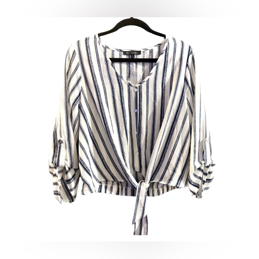 Kaii Los Angeles Tie Front , Roll Tab Sleeve,  Blue Striped Blouse